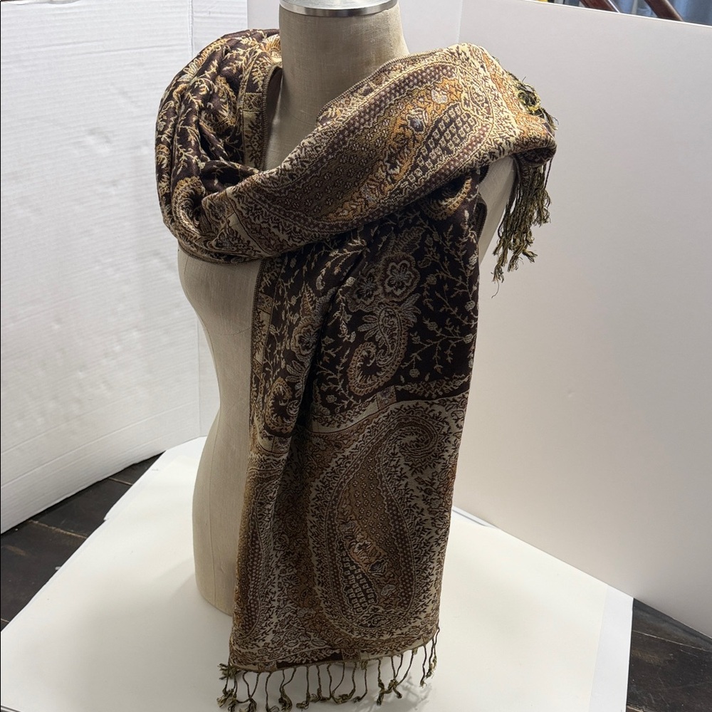 Pashmina Paisley Scarf in Brown and Gold Tones
